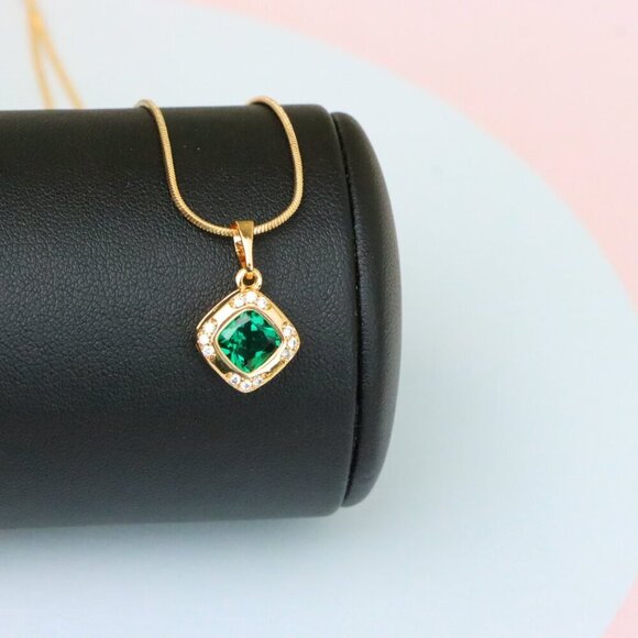 "Green Cushion Stone Pendant in Gold Plated Brass with Crystal Halo, XPPT1768 - Picture 6 of 14